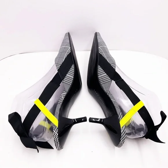 {Zara} Gray Plaid Slingback Bow Kitten Heels - Picture 13 of 16